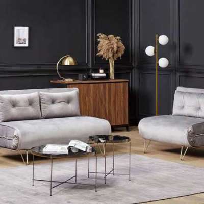 Living Room Set Grey Velvet Single and 2 Seater Sofa Bed with Cushions Metal Hairpin Legs Glamour Profile Picture